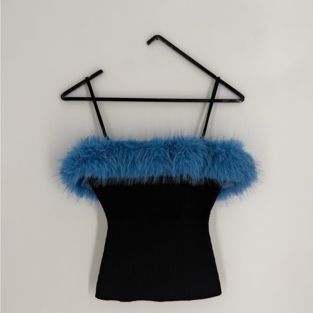 Guizio Faux Fur Cami In Black Blue